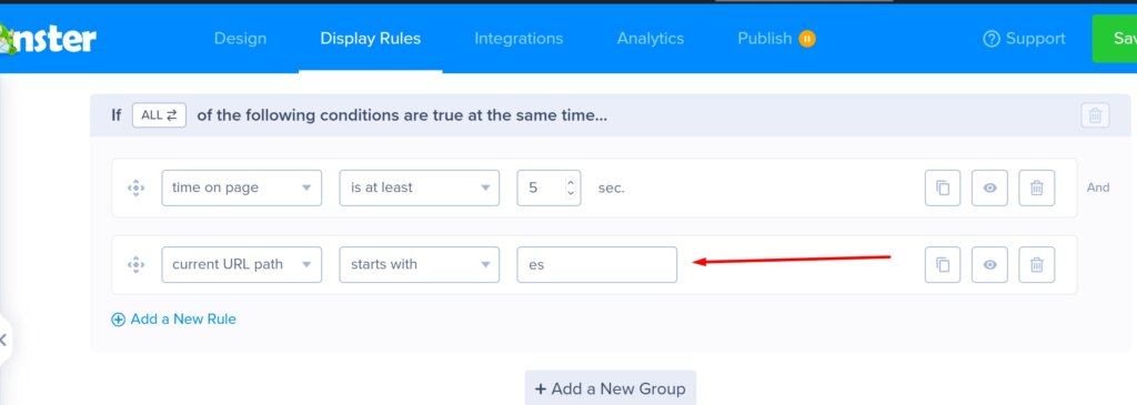 A screenshot demonstrating how to use URL path targeting to display the correct campaign.